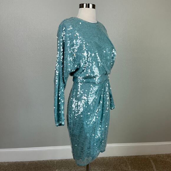 Aidan Mattox Sequined Lace Long Sleeve Cocktail Dress Blue Size 6 Mini Sheath - Picture 2 of 13